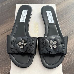 Jimmy Choo Black Floral Crystal-Accent Slide Mules